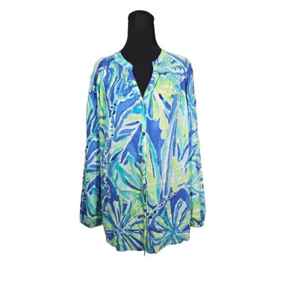 Lilly Pulitzer M Blue Green Bamboo Tropical Poet Sleeve Blouse Button Rayon Top - Picture 2 of 5